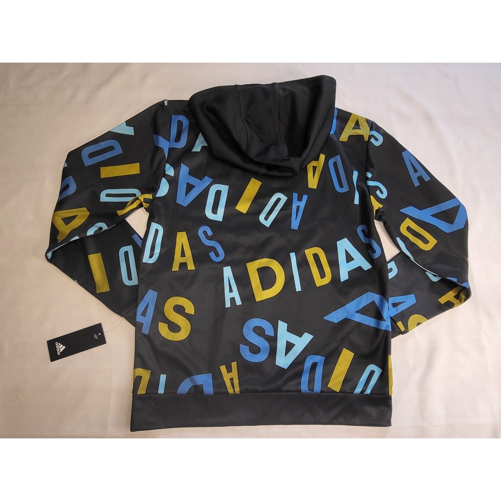 Adidas Boys XL 18/20 Hoodie Black Blue Yellow All Over Logo Print AA7642 NEW - Picture 8 of 8